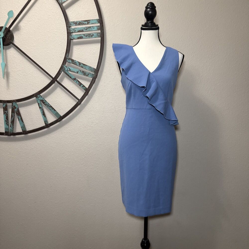 Ann Taylor Dress 0 NWT Cornflower Blue Sleeveless Lined Sheath Ruffle Accent